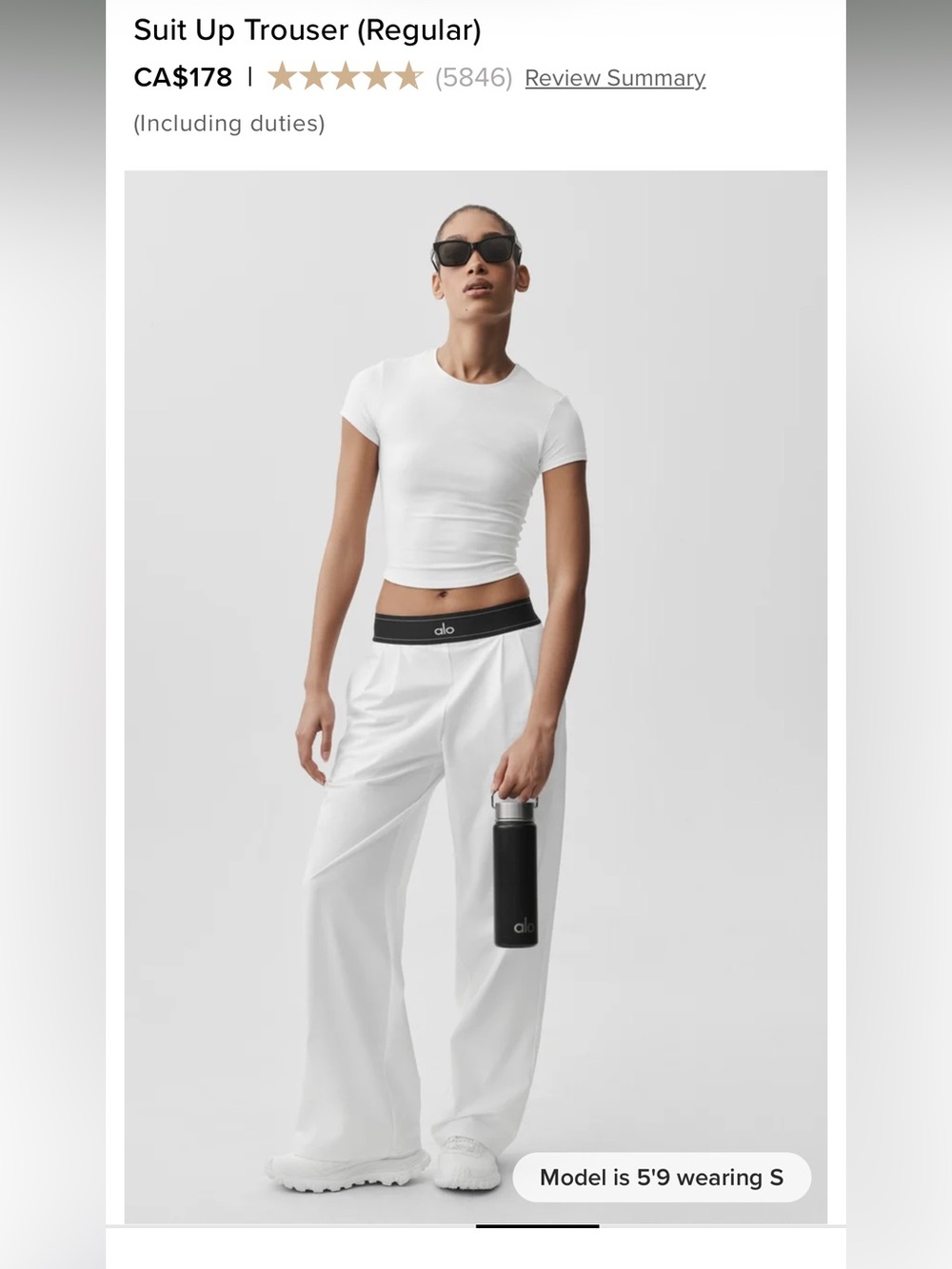 ALO Yoga White Wide-Leg Suit Up Trouser with Black Logo Waistband